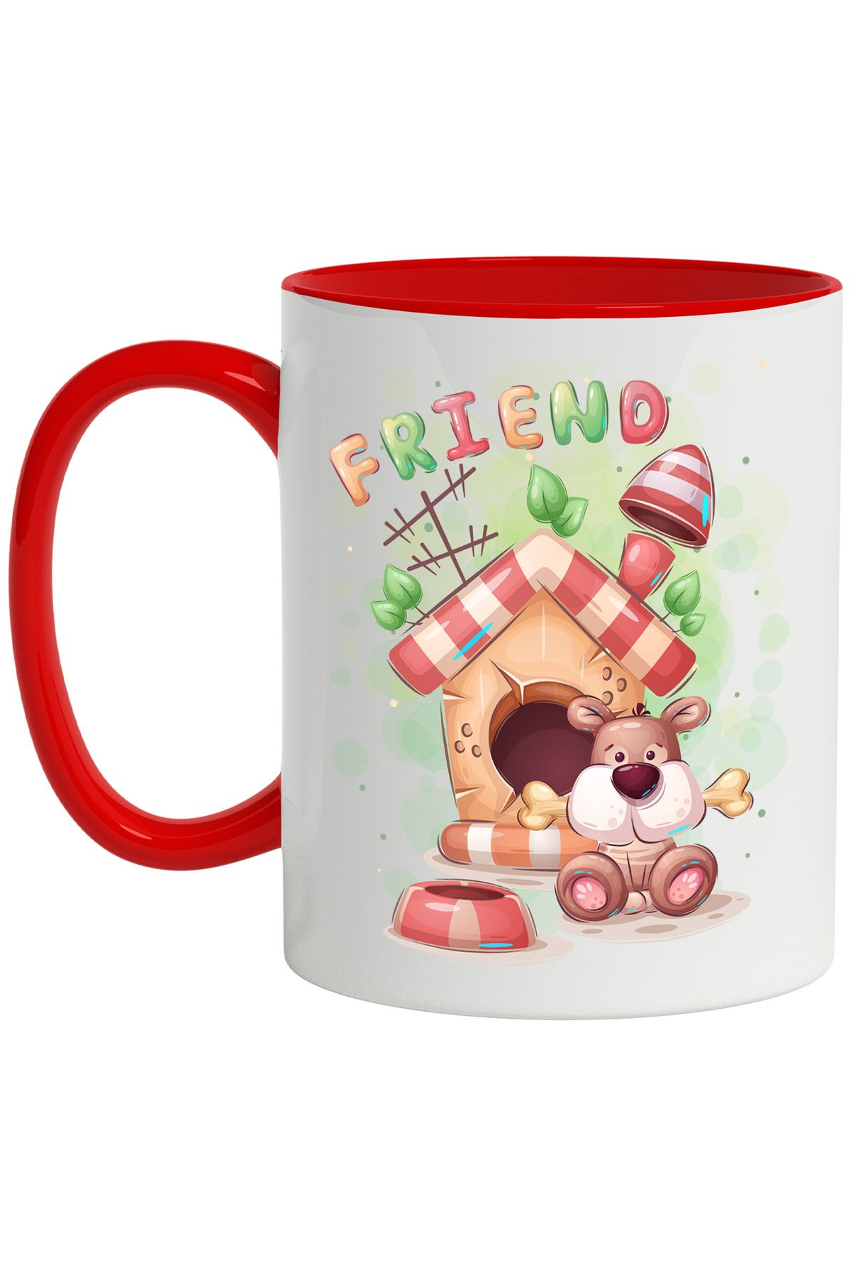 StoryGift Romania Cana Cu Mesaj In Engleza Friend, Caine, Os, Cotet, Frunze, Multicolor 330 Ml, Ce, Cu Maner Rosu - One Size