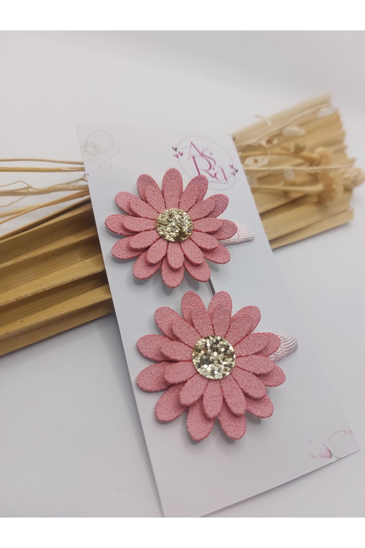 AsRa Accessories Nubuk pembe papatya çıtçıt toka