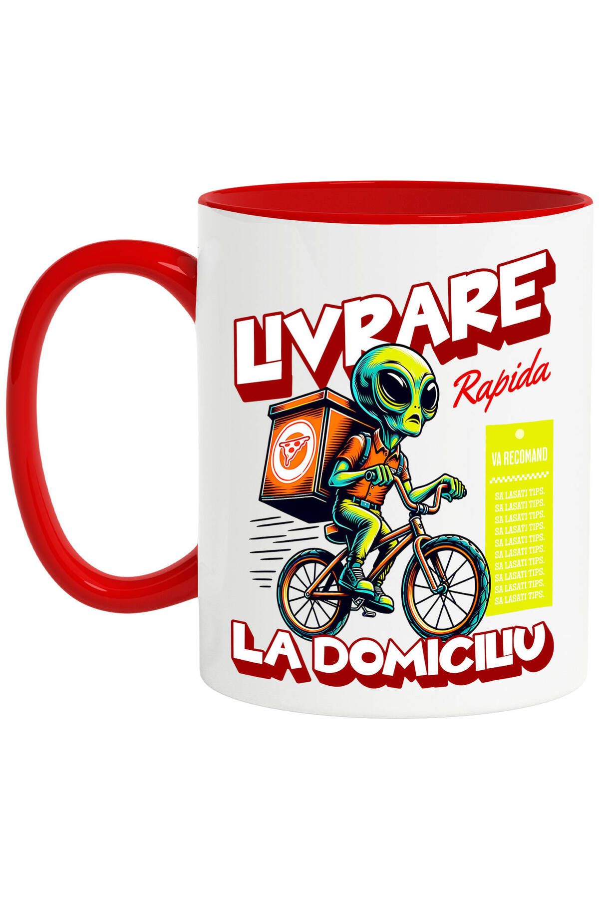 StoryGift Romania Cana Cu Extraterestru Curier Cu Bicicleta Si Cutii De Pizza Text Livrare La Domi, Cu Maner Rosu - One Size