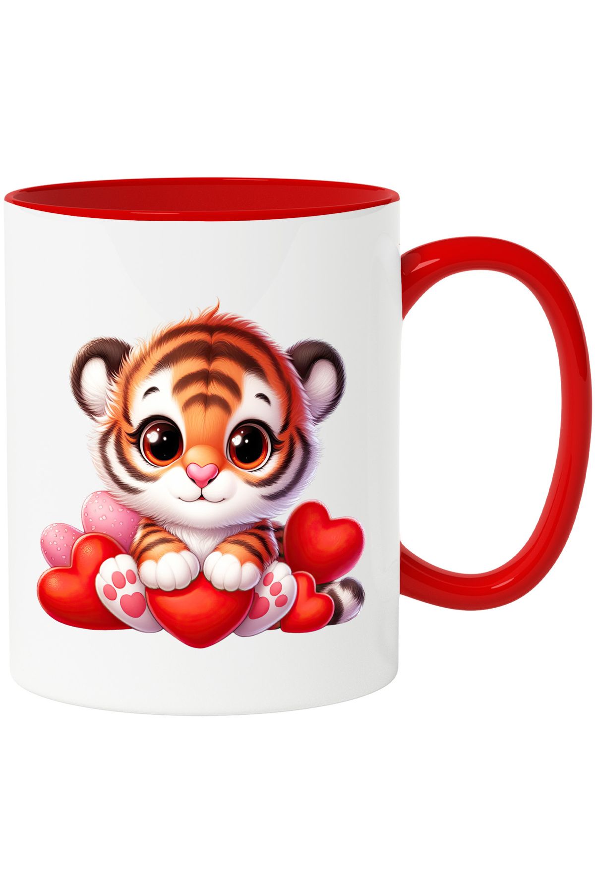 StoryGift Romania Cana Cu Un Pui De Tigru Care Tine O Inima | Ilustratie | Valentine's Day | Cadou, Cu Maner Rosu - One Size