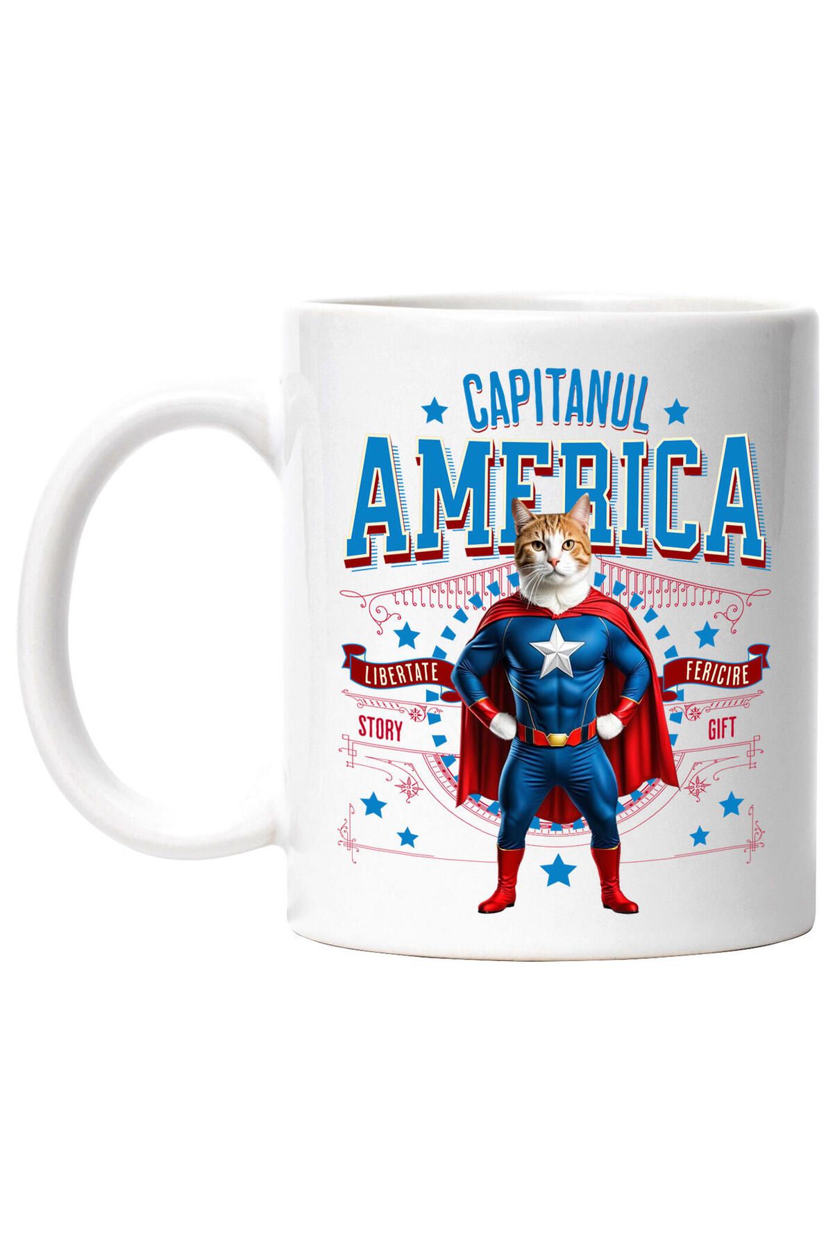 StoryGift Romania Cana Cu Siamez / Siamese Pisica In Costum De Capitan America Cu Pelerina, Erou N, Cu Maner Alb - One Size