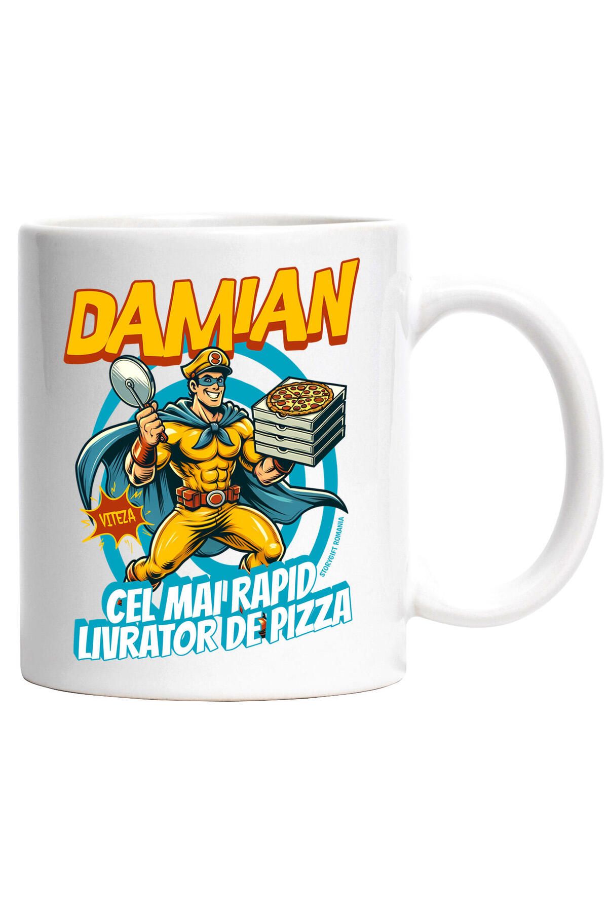 StoryGift Romania Cana Cu Cuper Erou Barbat Cu Pelerina Cutii De Pizza Text Damian Cel Mai Rapid L, Cu Maner Alb - One Size