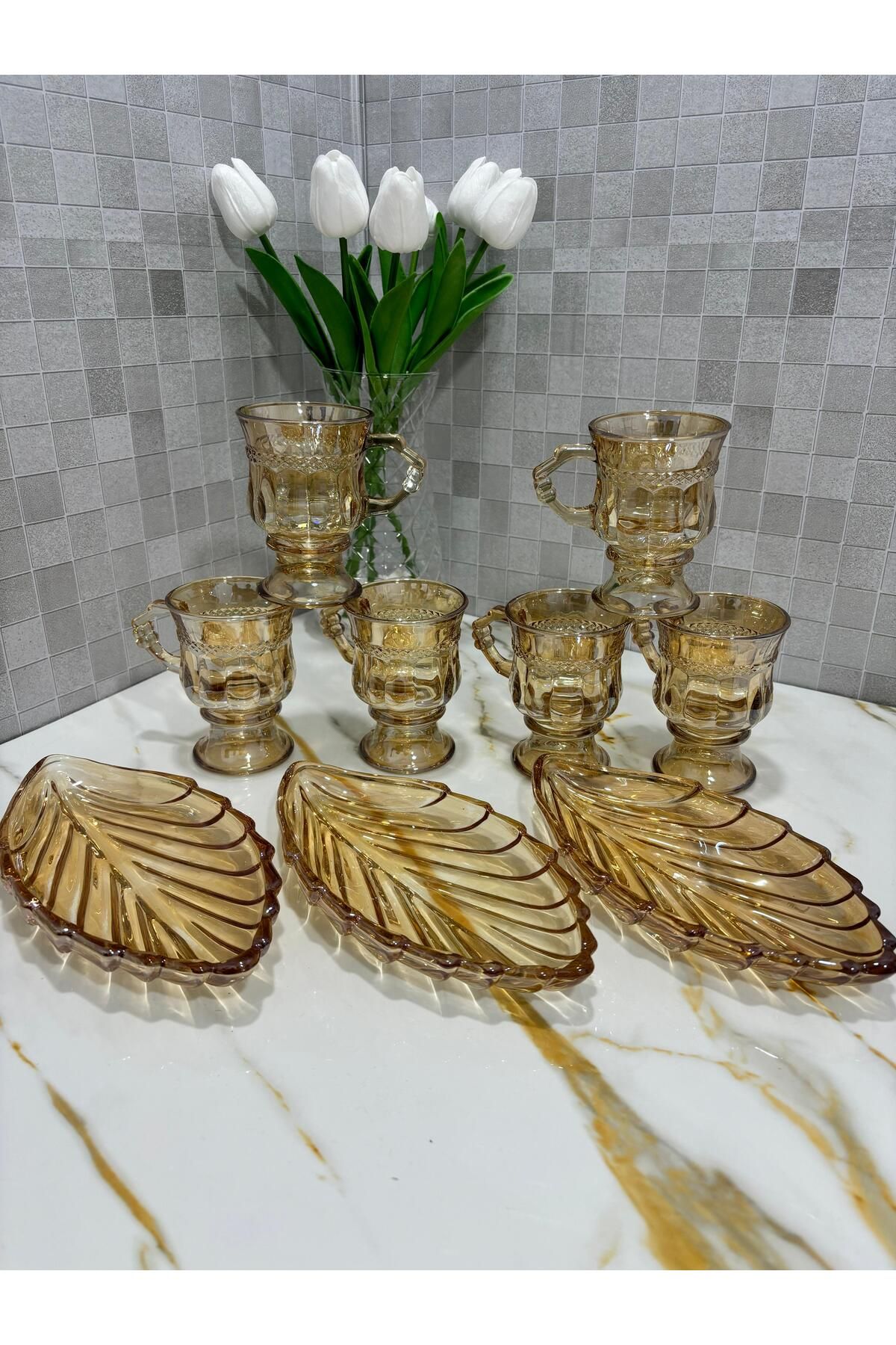 SOFRA STİL 9 PARÇA FÜME AYAKLI FİNCAN VE 3'LÜ FÜME YAPRAK ÇEREZLİK