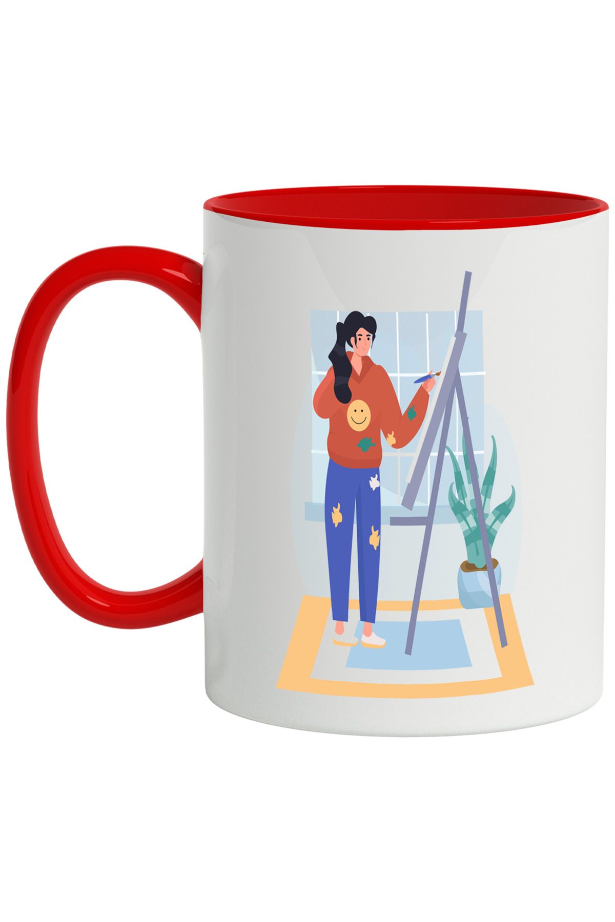 StoryGift Romania Cana Cu Sevalet, Pictura, Pensula, Artist, Covor, Multicolor 330 Ml, Ceramica Cu, Cu Maner Rosu - One Size
