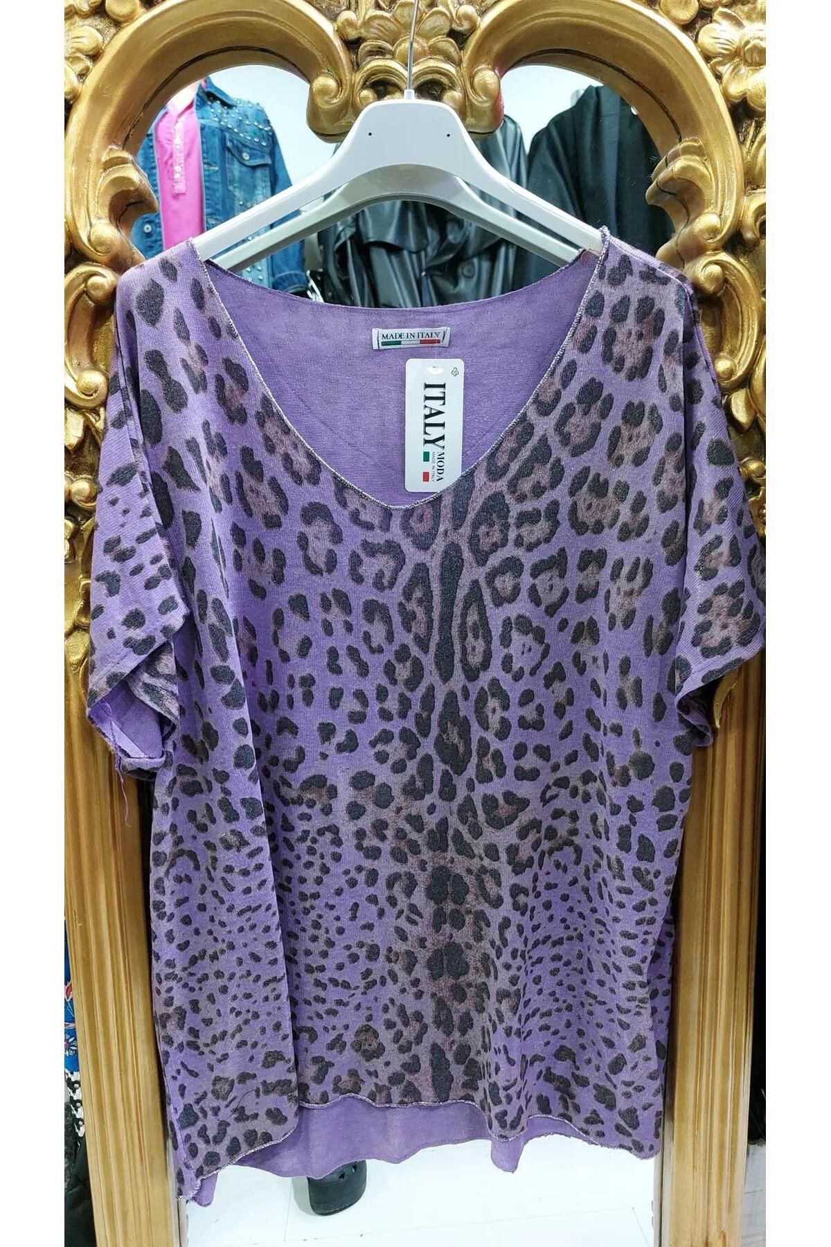 Butik Ayseba Kadın Varaklı Leopar Desen Kısa Kol İtalyan Bluz