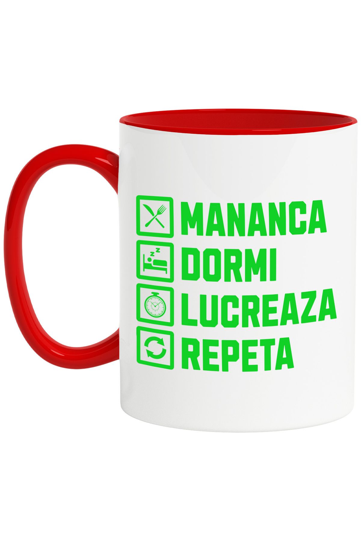 StoryGift Romania Cana Cu Rutina Zilnica Pentru Iubitorii De Munca Haios Text Mananca Dormi Lucrea, Cu Maner Rosu - One Size