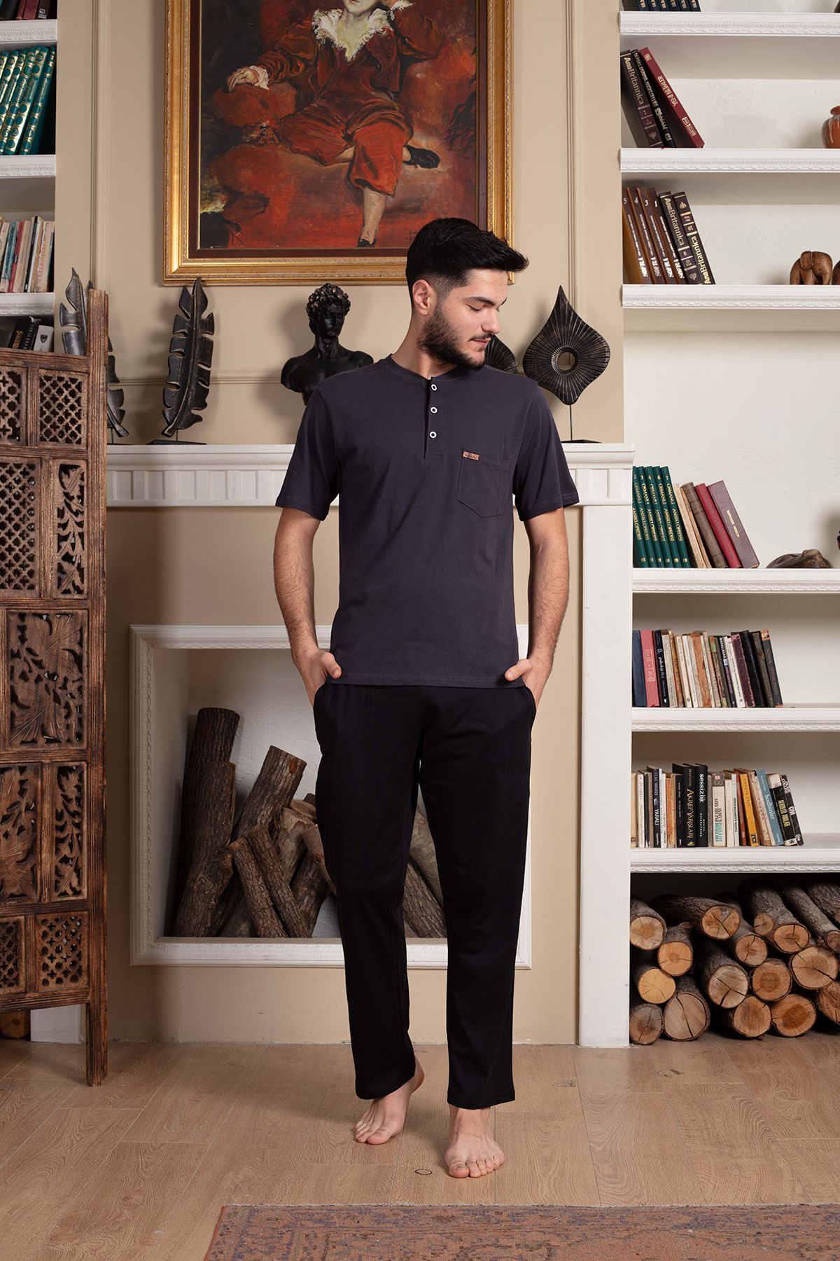 LOHOUSE Erkek Füme Önden Yarım Düğmeli Kısa Kollu Pamuklu Erkek Pijama Takım