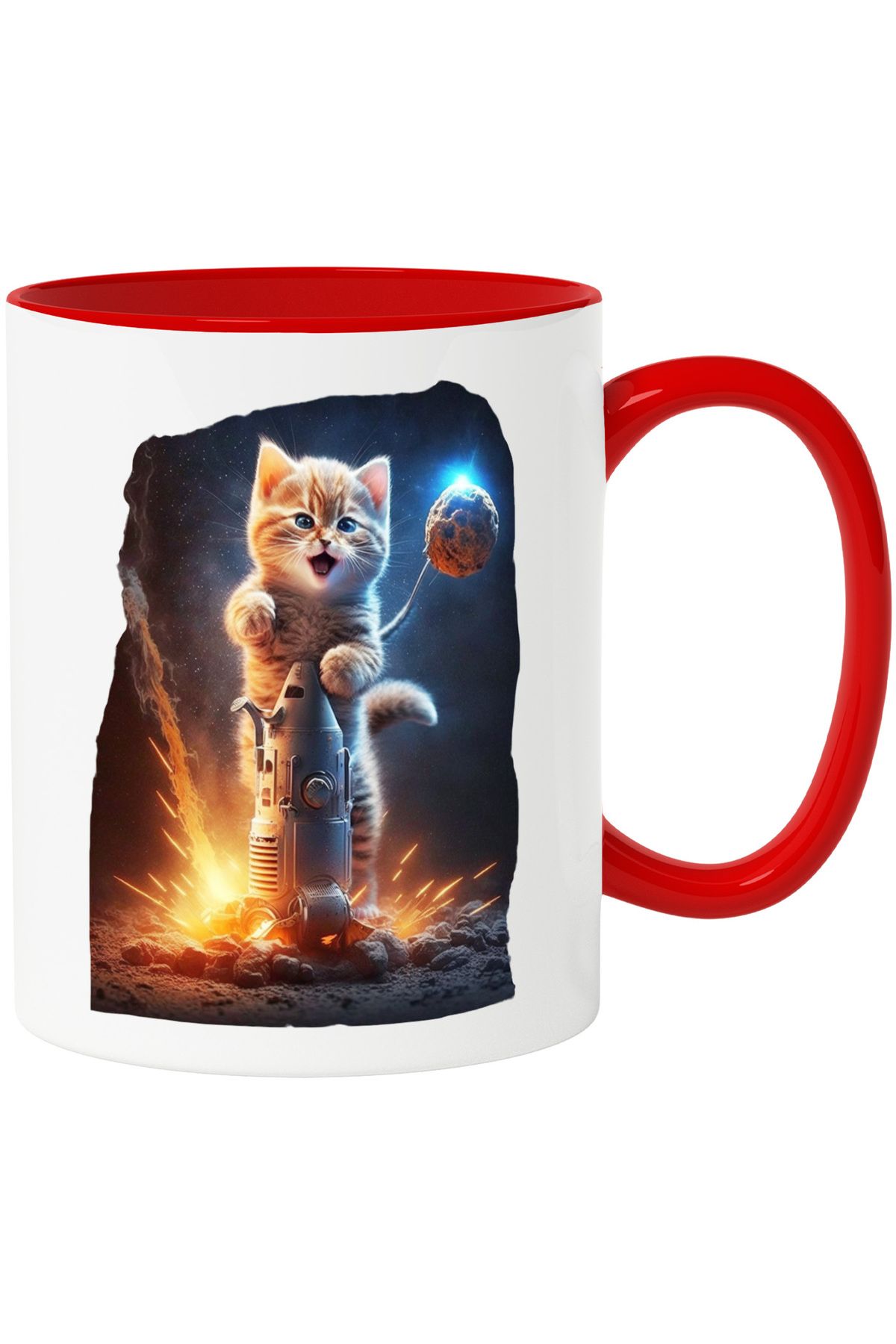 StoryGift Romania Cana Cu Pisica Deasupra Rachetei Spatiale, Sub Luna, Stele, Galaxie,ceramica, 33, Cu Maner Rosu - One Size