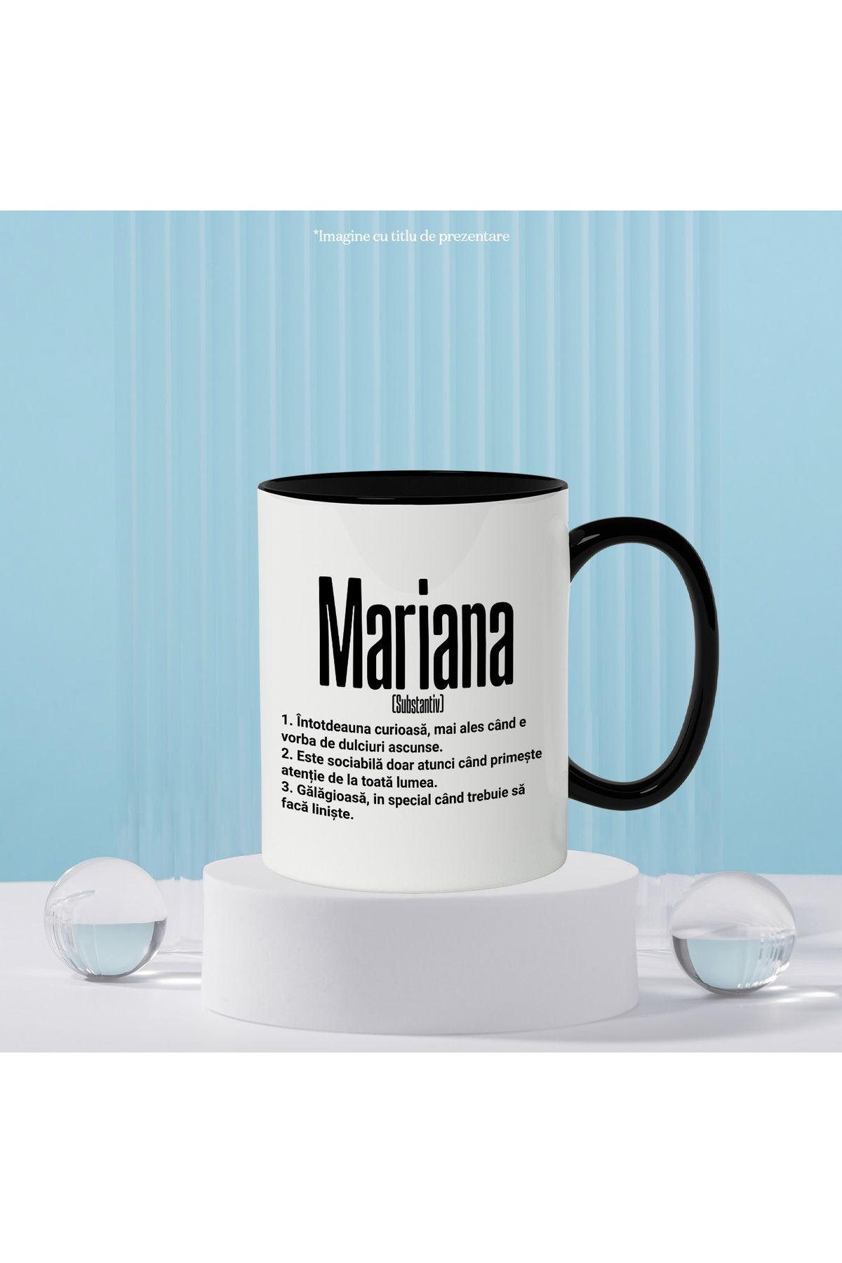 StoryGift Romania-Mug With Name Mariana, and Funny Message, Curious, Sociable, Noisy, 330ml, With Black Handle 2