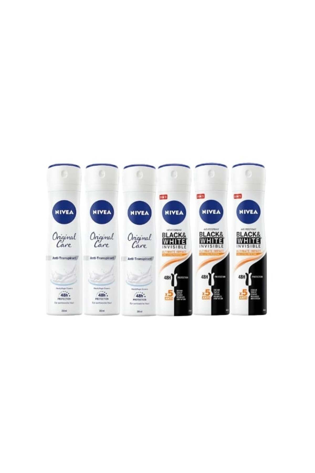 NIVEA Set 6 X 150ml, 3 X Black & White Invisible Ultimate Impact, 3 X Original Care - One Size