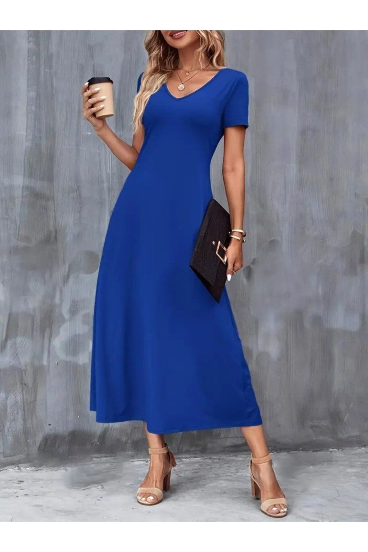 velmorafashion Kadın Kısa Kollu V Yakalı Cepli Viskon Elbise