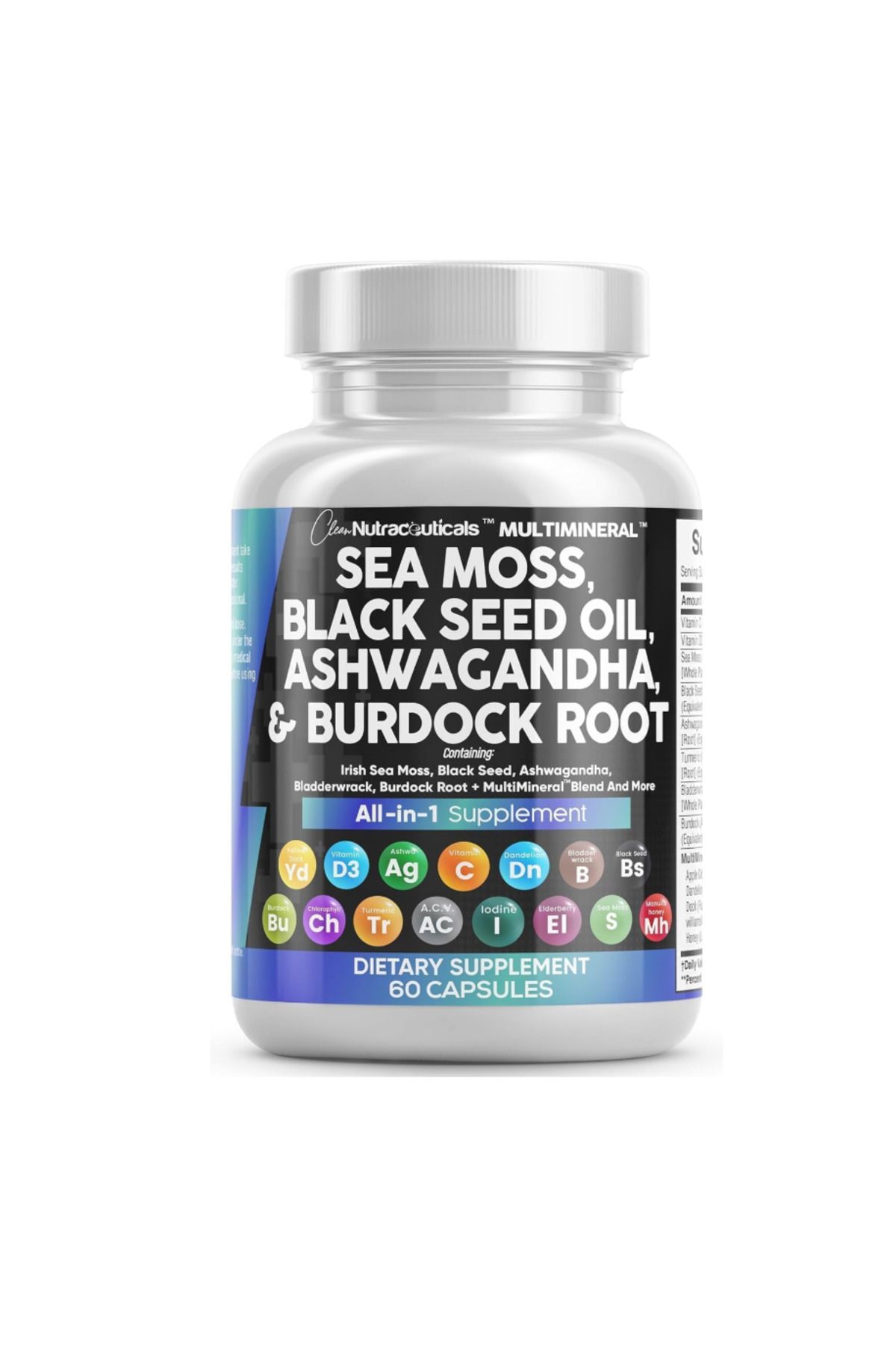 Clean Nutraceuticals , Sea Moss Black Seed Oil Turmeric Bladderwrack Burdock & C Vitamin D3 Elderberry 60 capsules