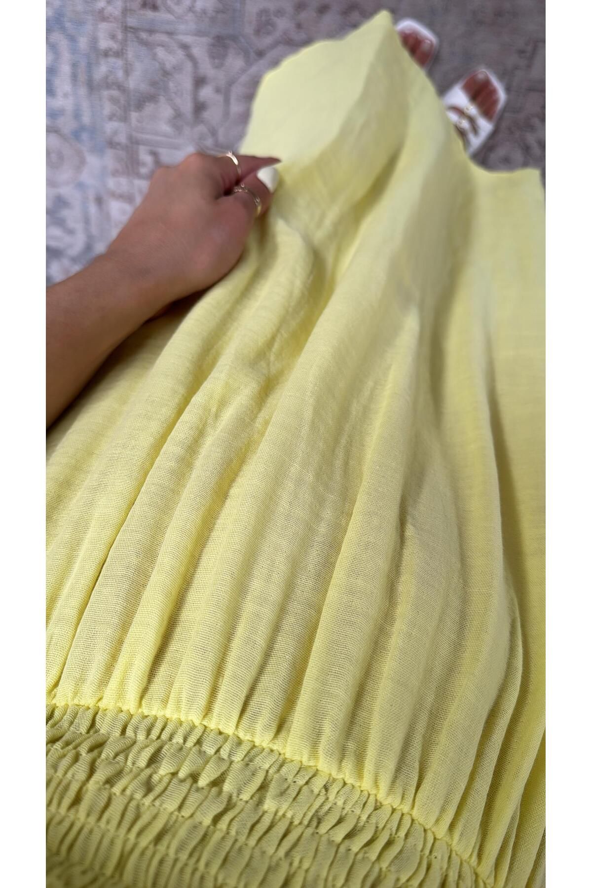 Buket Teke Romantik Limon Sarı Müslin Elbise
