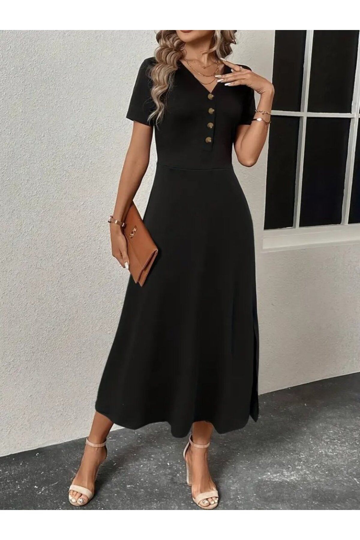 velmorafashion Kadın Kısa Kollu V Yakalı önden Düğmeli Yırtmaçlı Midi Viskon Elbise