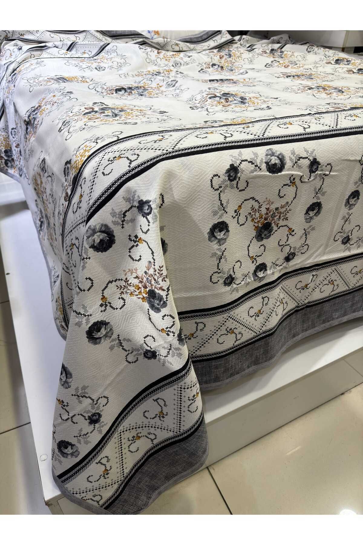 ŞENER HOME-Bouquet Pattern Printed 200x240 CmDouble (BATTAL) Single Pike - Gray 3
