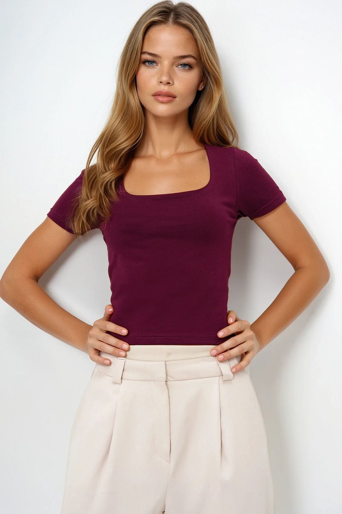 VAGGON Kare Yaka Likralı Tulumlu Double Kumaş Crop Bluz