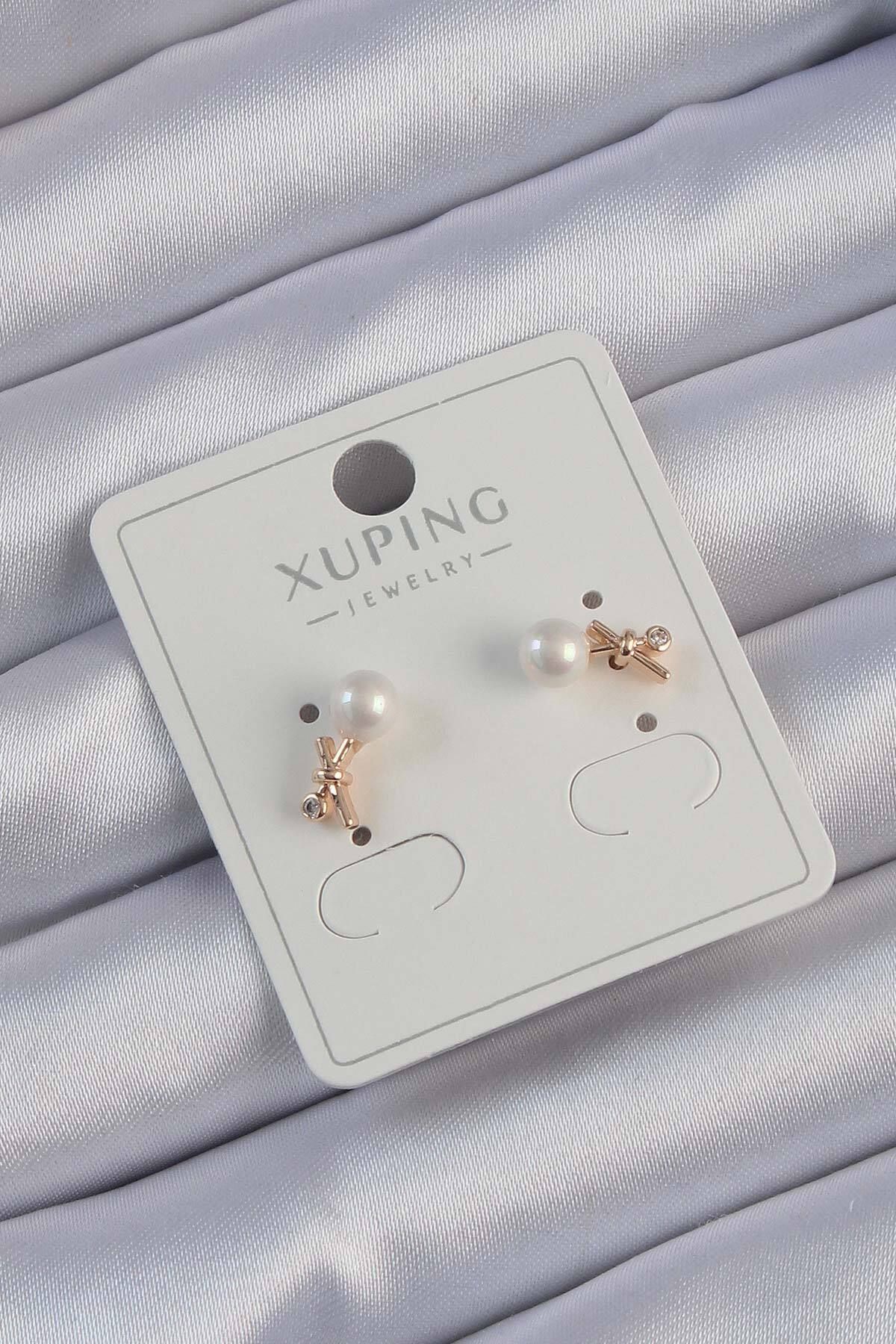 melfxxl eticaret Xuping Rose Renk Zirkon Taşlı İncili Minimal Fiyonk Küpe - Lisinya