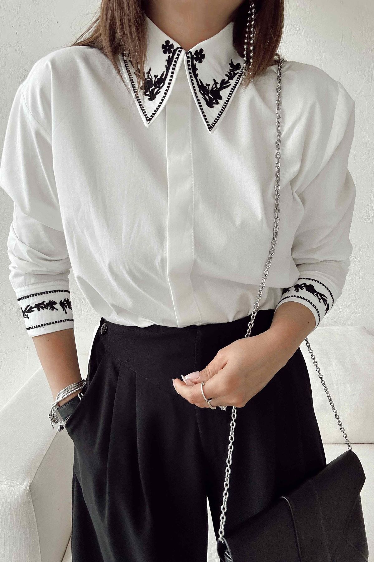 studio fashion 1988 Kadın Beyaz Nakışlı Premium Orijinal Marka %100 Pamuk Tasarım Gömlek