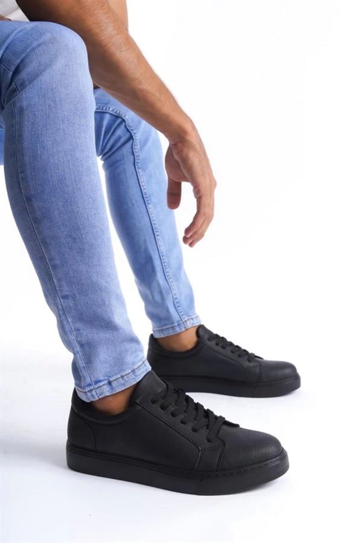 Store SLW165 Elite Bağcıklı Cilt Erkek Günlük Sneaker Ayakkabı CST - Siyah