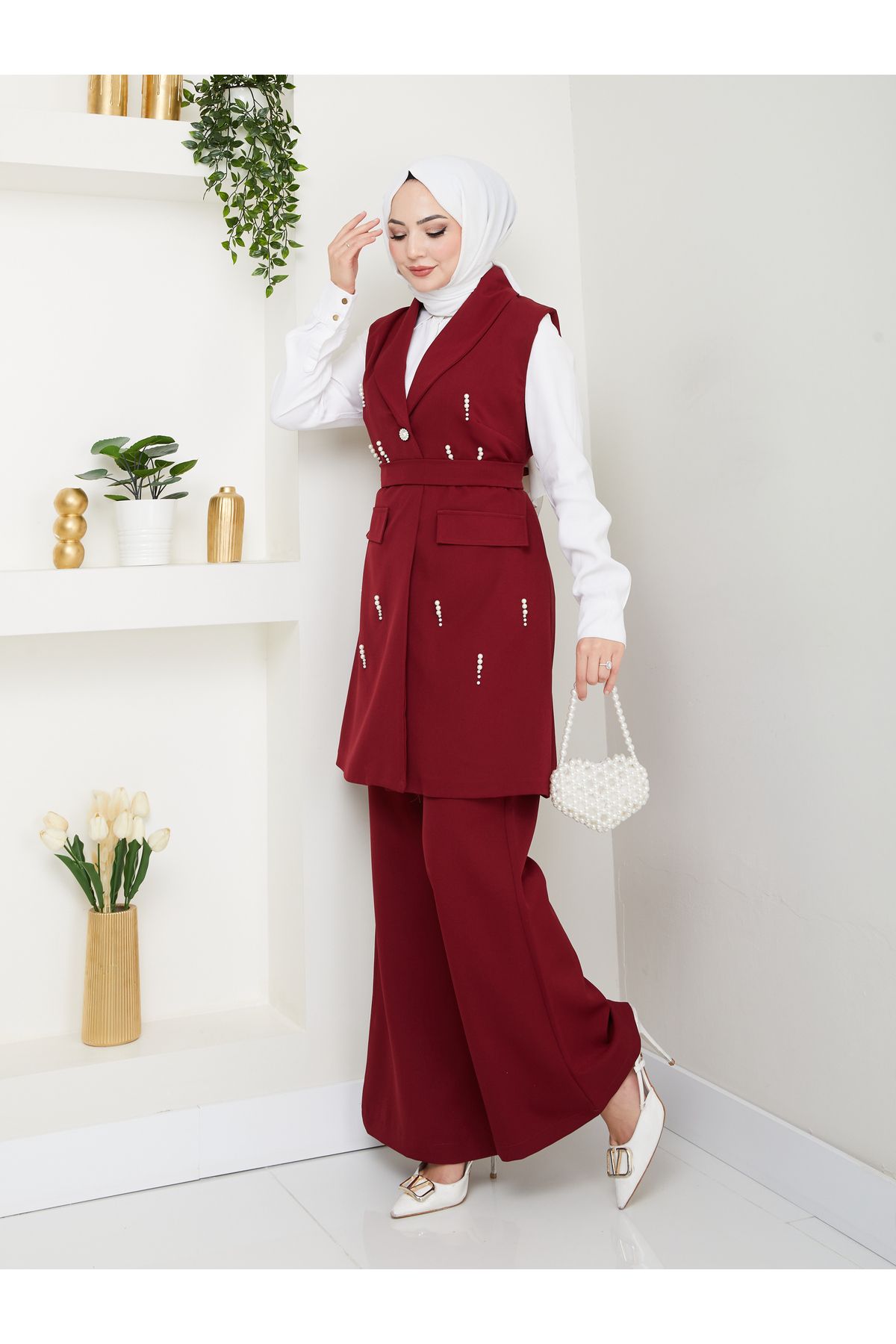 EFSUN MODA İNCİ TAŞLİ YELEK PANTOLON İKİLİ TAKIM 25088