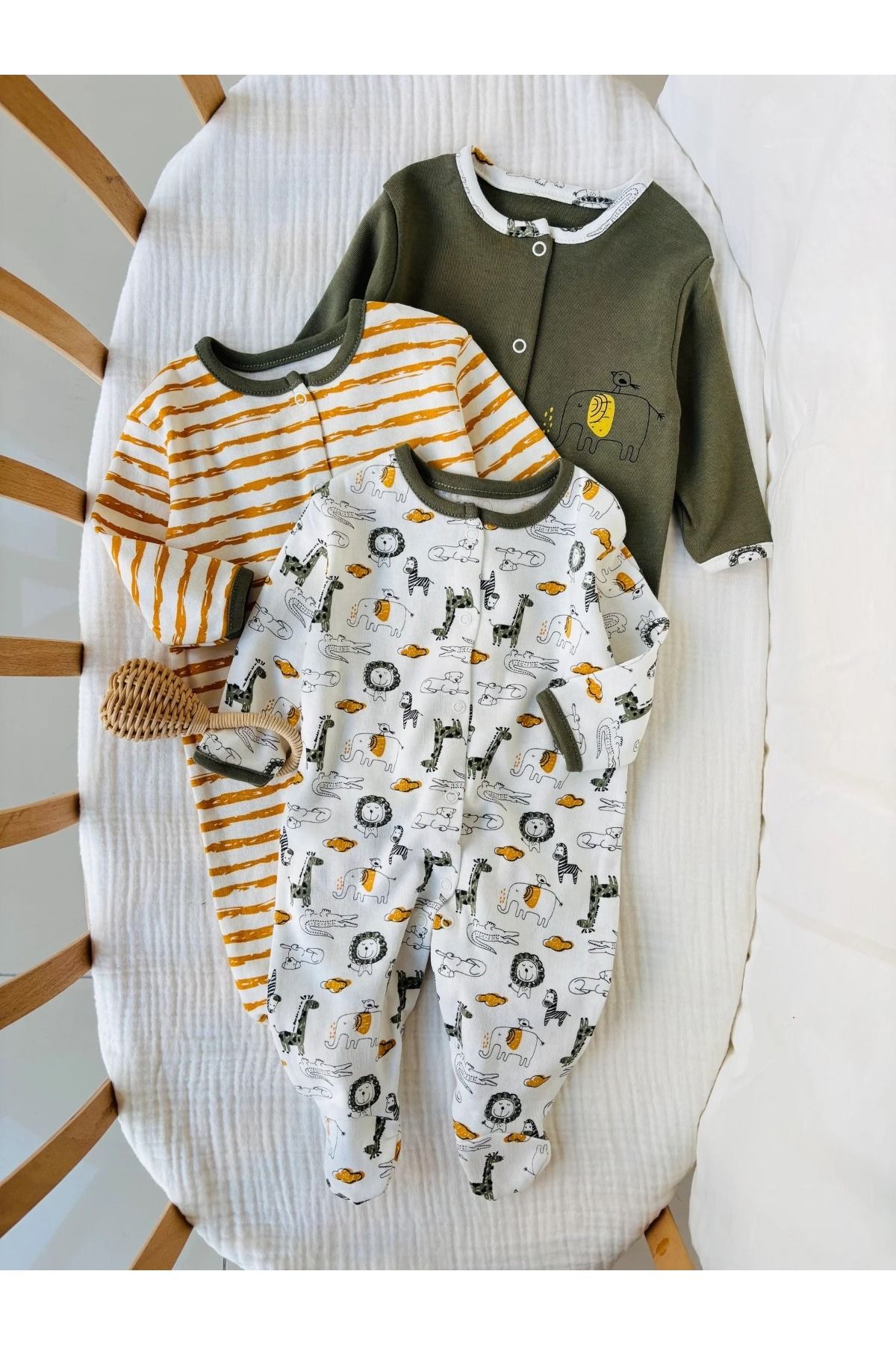 Adda Baby Filli Ve Çizgili Desenli Patikli Pamuklu tulum Sevimli Desenler Yenidoğan Erkek Bebek 3^lü Set
