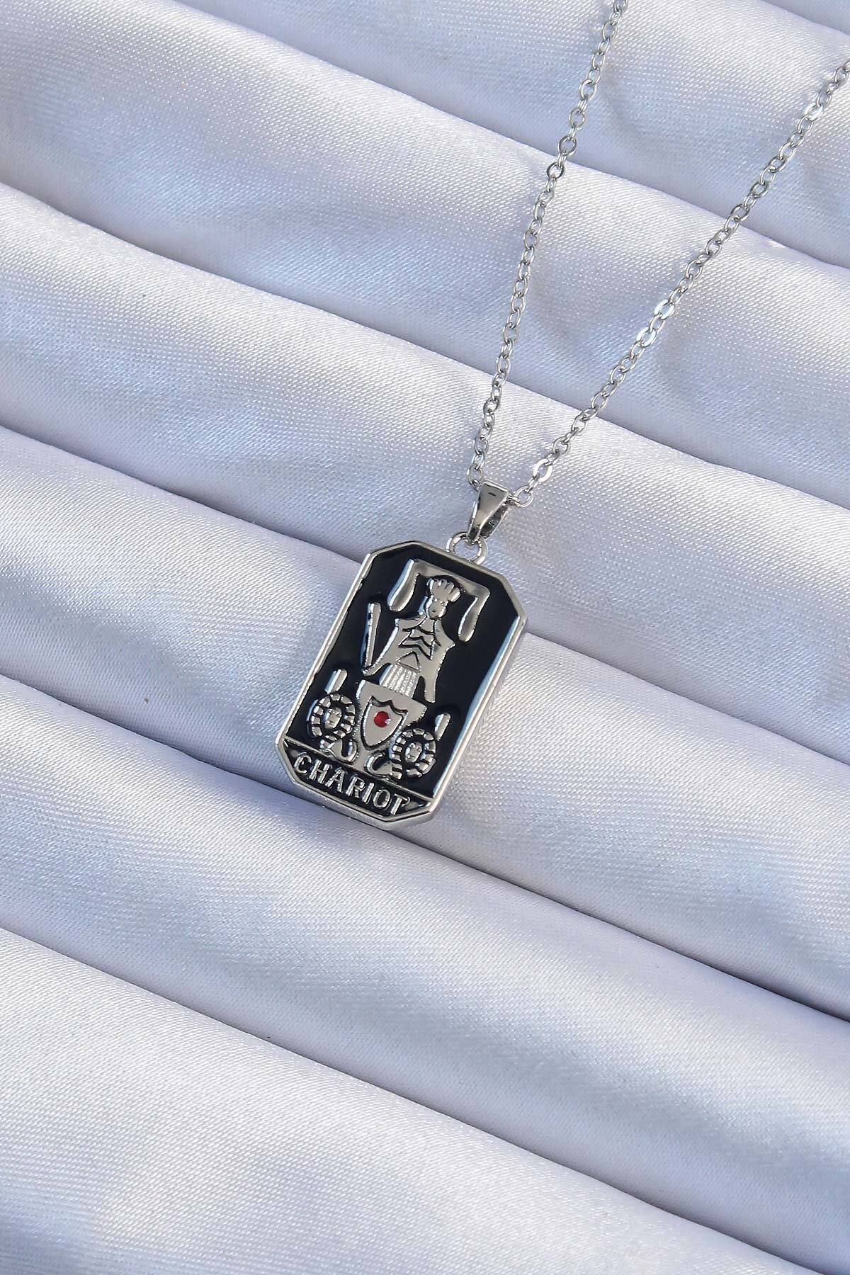 melfxxl eticaret 316L Çelik Zincir Gümüş Renk Siyah Mineli Tarot Kolye - Lisinya