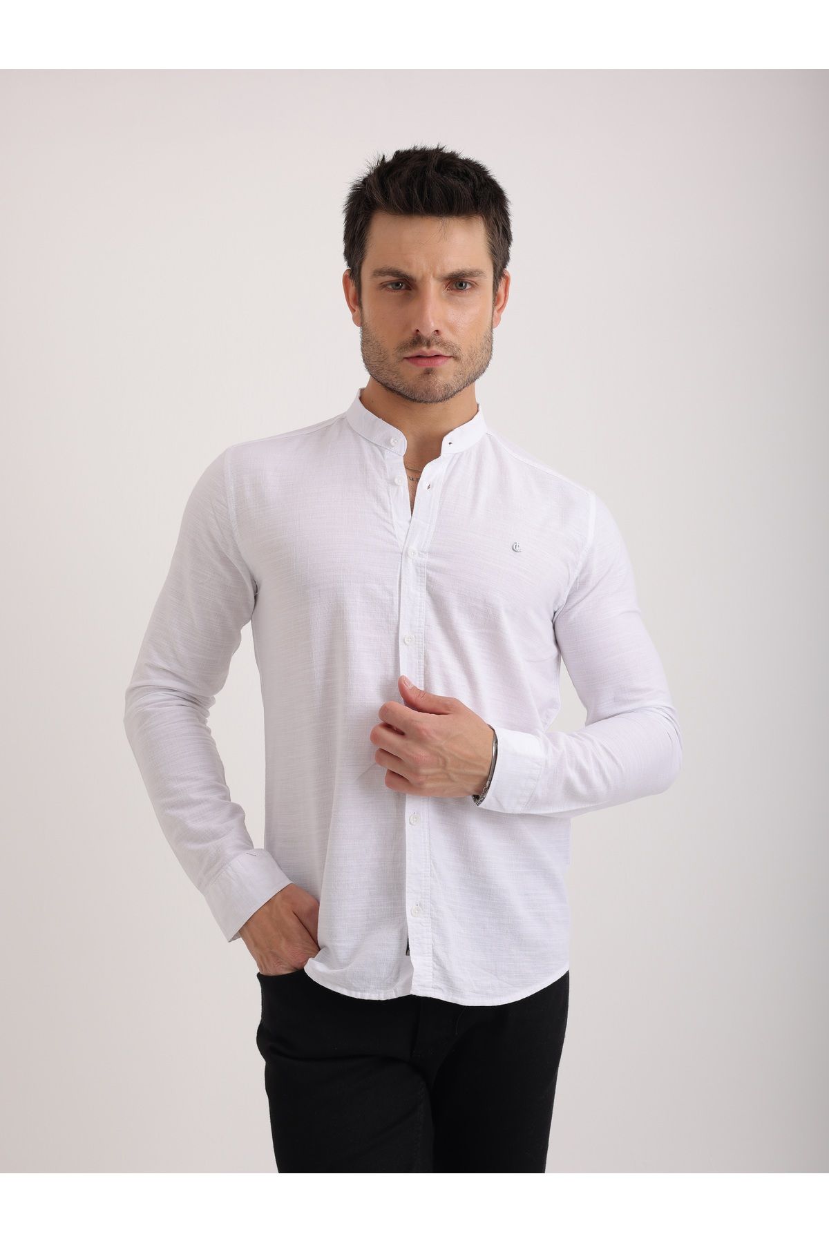 Sabe Erkek Slim Fit Hakim Yaka Beyaz Şık ve Rahat Keten Gömlek