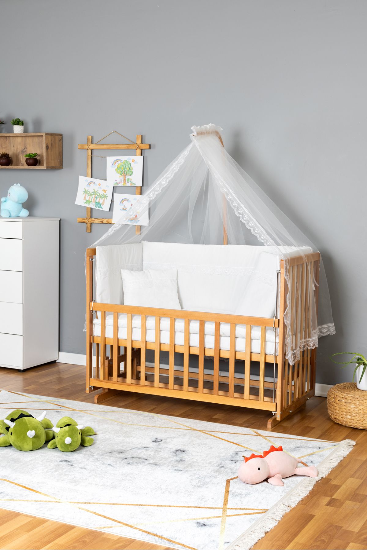 Carino Wins Ahşap Beşik Anne Yanı Yeni Doğan Asya Organik Bebek Beşiği BEYAZ GÜPÜR UYKU SETLİ