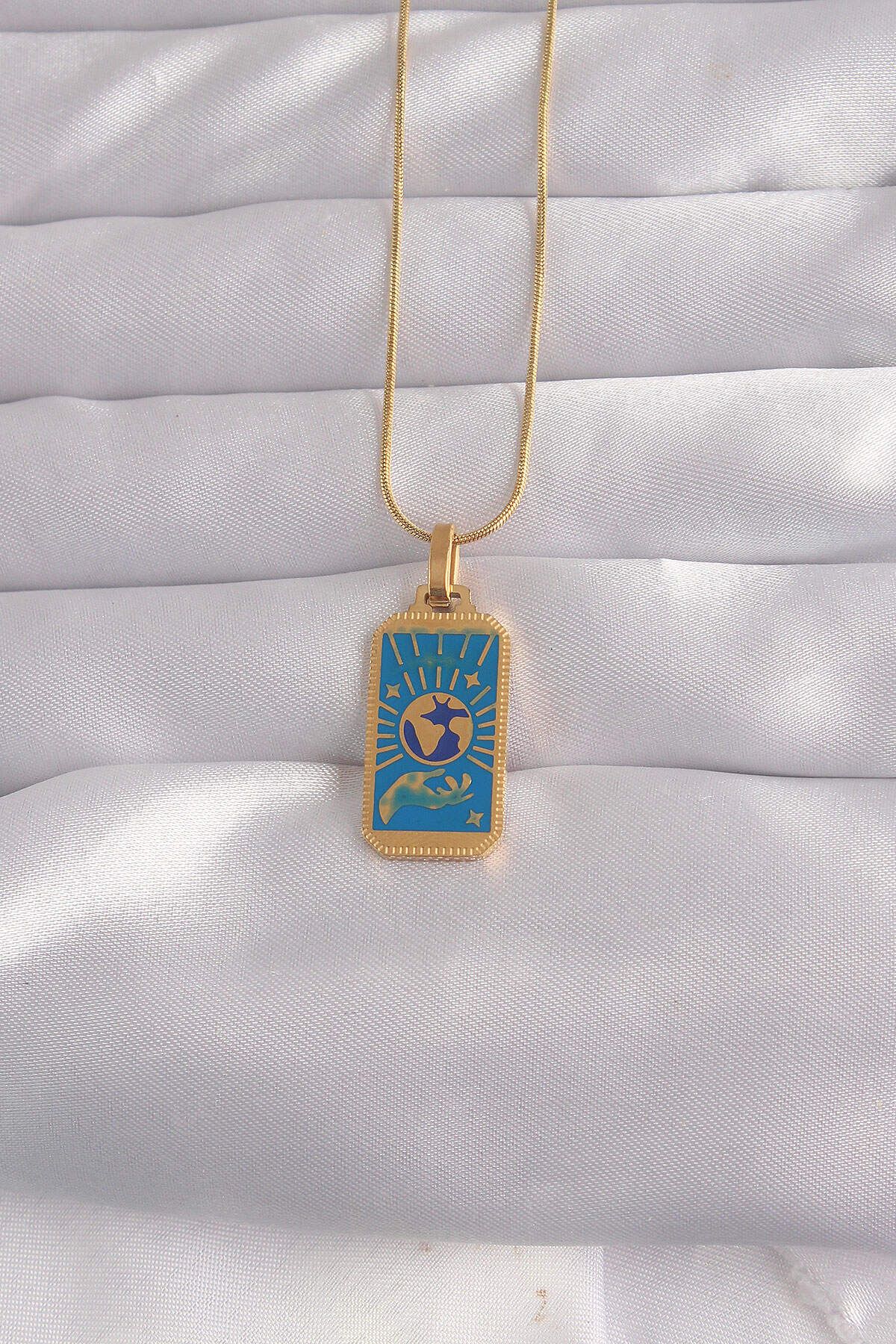 melfxxl eticaret 316L Çelik Gold Renk Mavi Mineli El Figür Tarot Kolye - Lisinya
