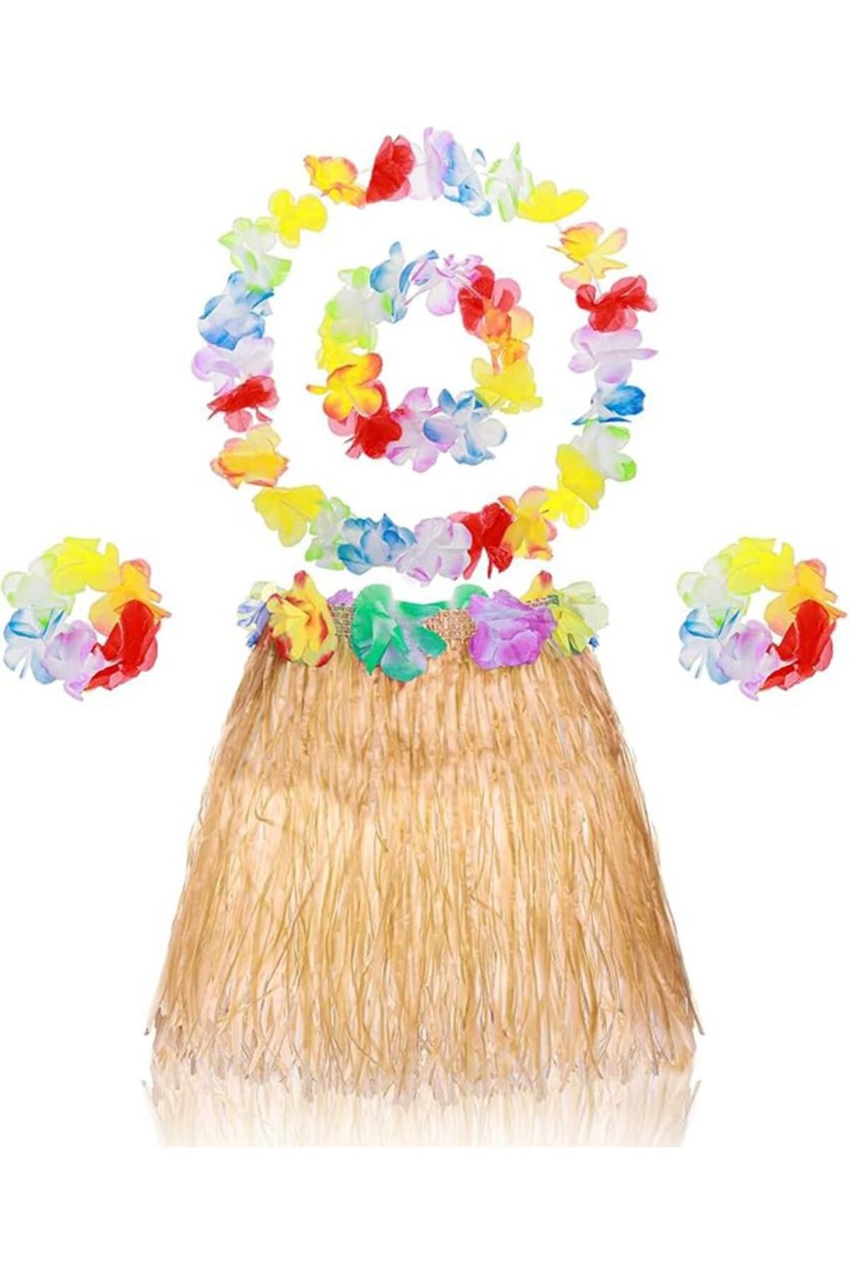 çankaya giyim uğur çankaya Nessiworld Yetişkin Çocuk Hawaii Parti Seti - 40 cm Naturel Etek + Çiçek Aksesuarlar (5 Parça)