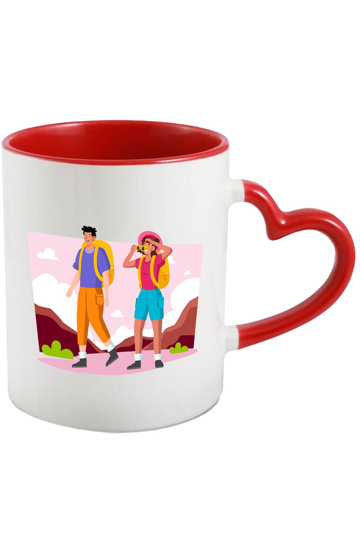 StoryGift Romania Cana Cu Drumetie, Nori, Natura, Munte, Ghiozdan, Binoclu, Palarie, Multicolor 33, Cu Maner Inim - One Size
