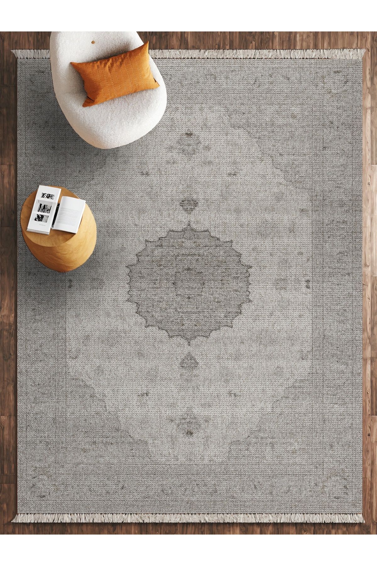 HALIZZON Gri Eskitme Medallion Halı Minimalist Tarz Dijital Halı