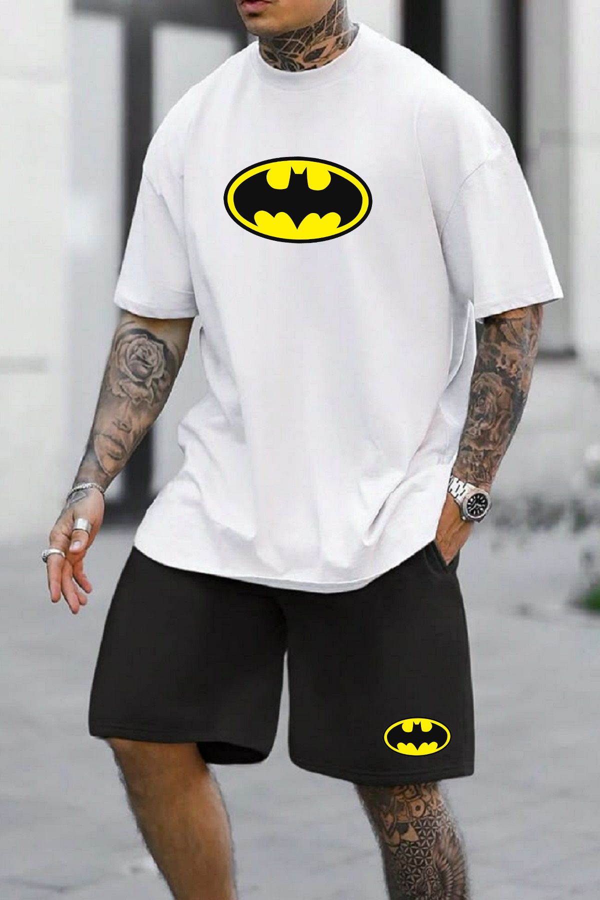makiteks 2'li Set Düz Renk Erkek Regular Şort ve Tshirt Tişört Batman
