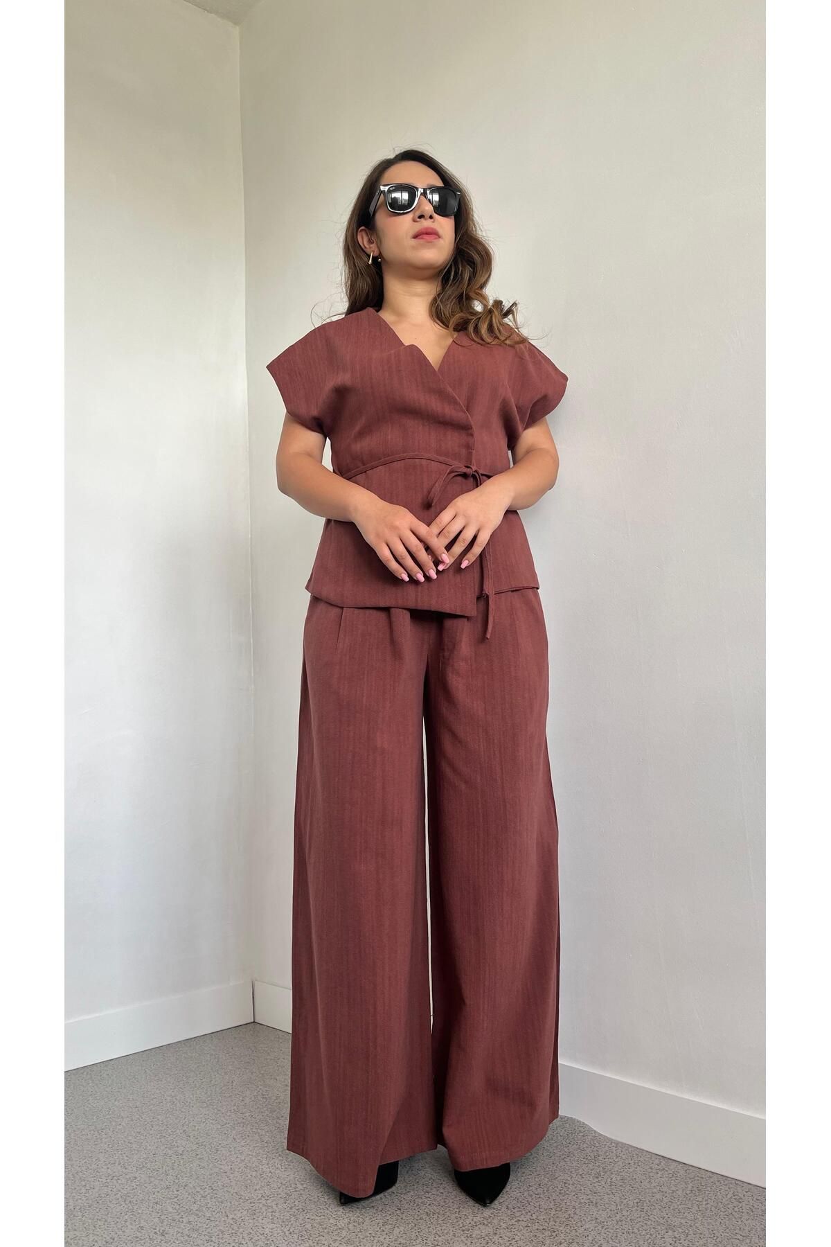 Gizybutik Atlas Bağlamalı Yelek Pantolon Takım