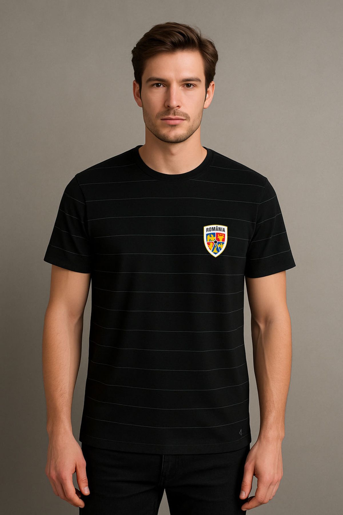 sielta Romania Romanya Echipa De Fotbal Baskılı Çizgili Bisiklet Yaka Unisex Siyah Tişört T-shirt