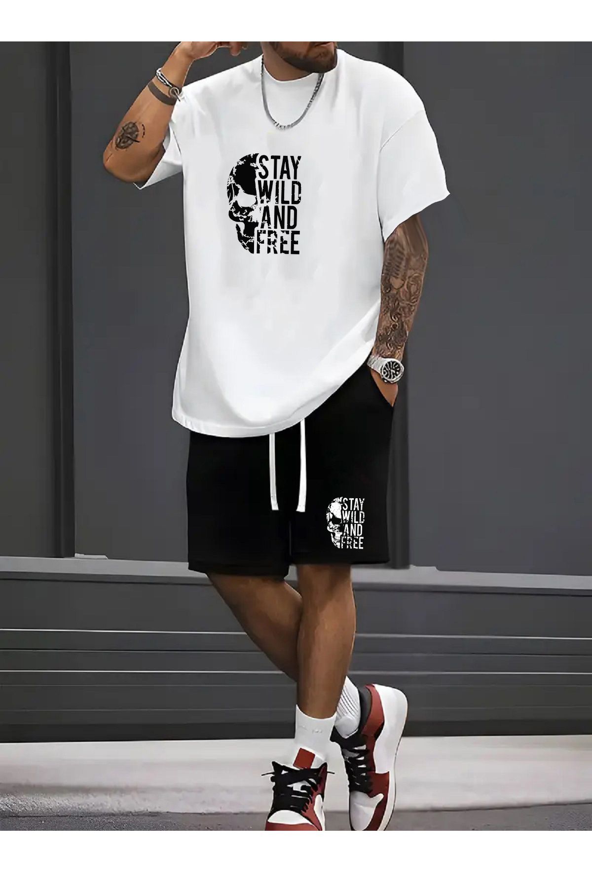 makiteks 2'li Set Düz Renk Erkek Regular Şort ve Tshirt Tişört Staywild