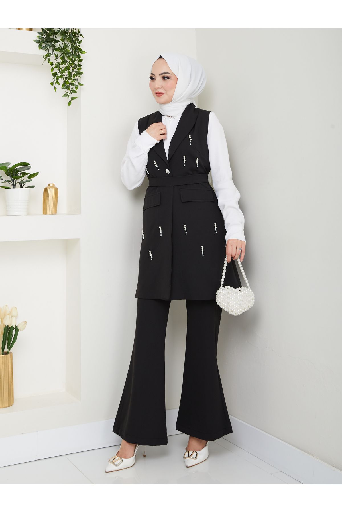 EFSUN MODA İNCİ TAŞLİ YELEK PANTOLON İKİLİ TAKIM 25088