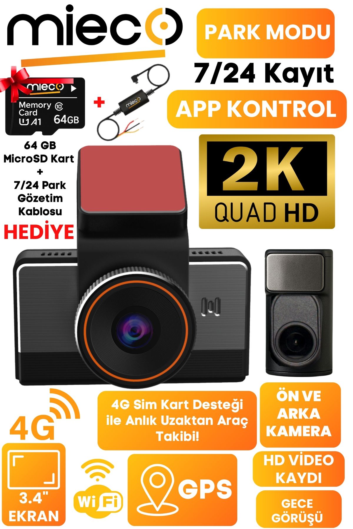 Mieco G4 2k Qhd/ Gps/ 4g/ Wifi/ 140°/ Sim Kartlı Araç Kamerası (2025) Hafıza Kartı Ve Park Kiti Hediyeli
