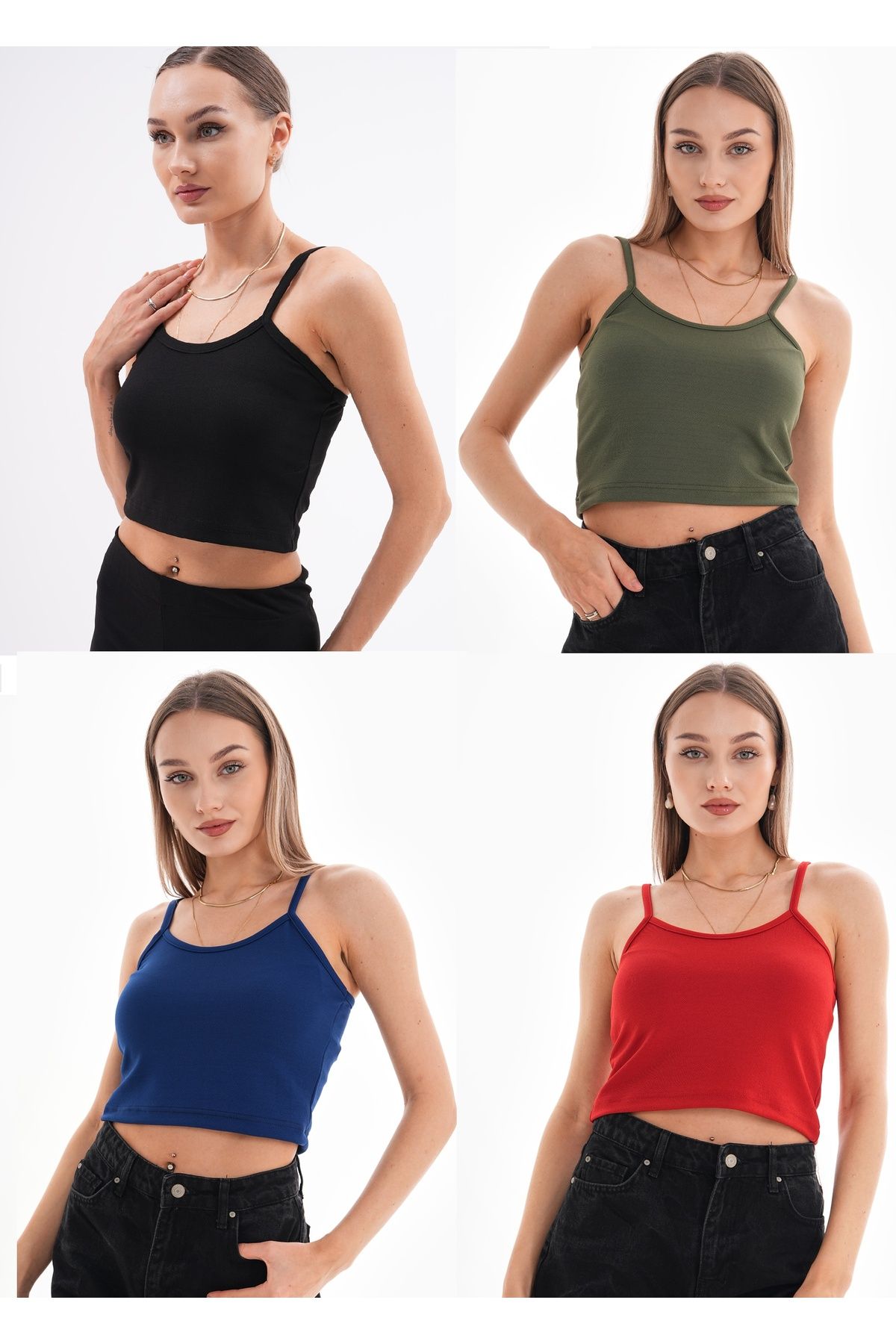 DEVRİMAY TEKSTİL Kadın 4'lü Paket 4 Renk Takım Kadın Kolsuz Örme Kumaş Bluz Crop