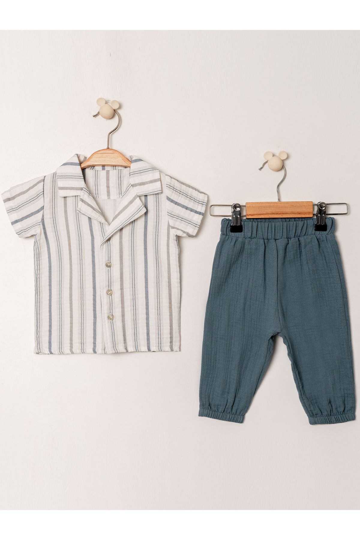 Kidaxi Müslin Gömlek Pantolon Takım | Erkek Bebek Yazlık 2’li Set | 6-36 Ay | KD53217