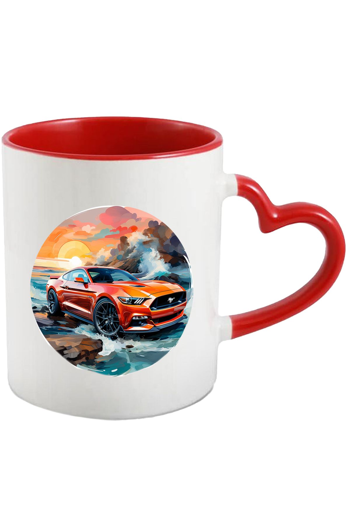 StoryGift Romania Cana Cu Masina, Apus, Ocean, Valuri, Nori, Soare, Stanci, Multicolor 330 Ml, Cer, Cu Maner Inim - One Size