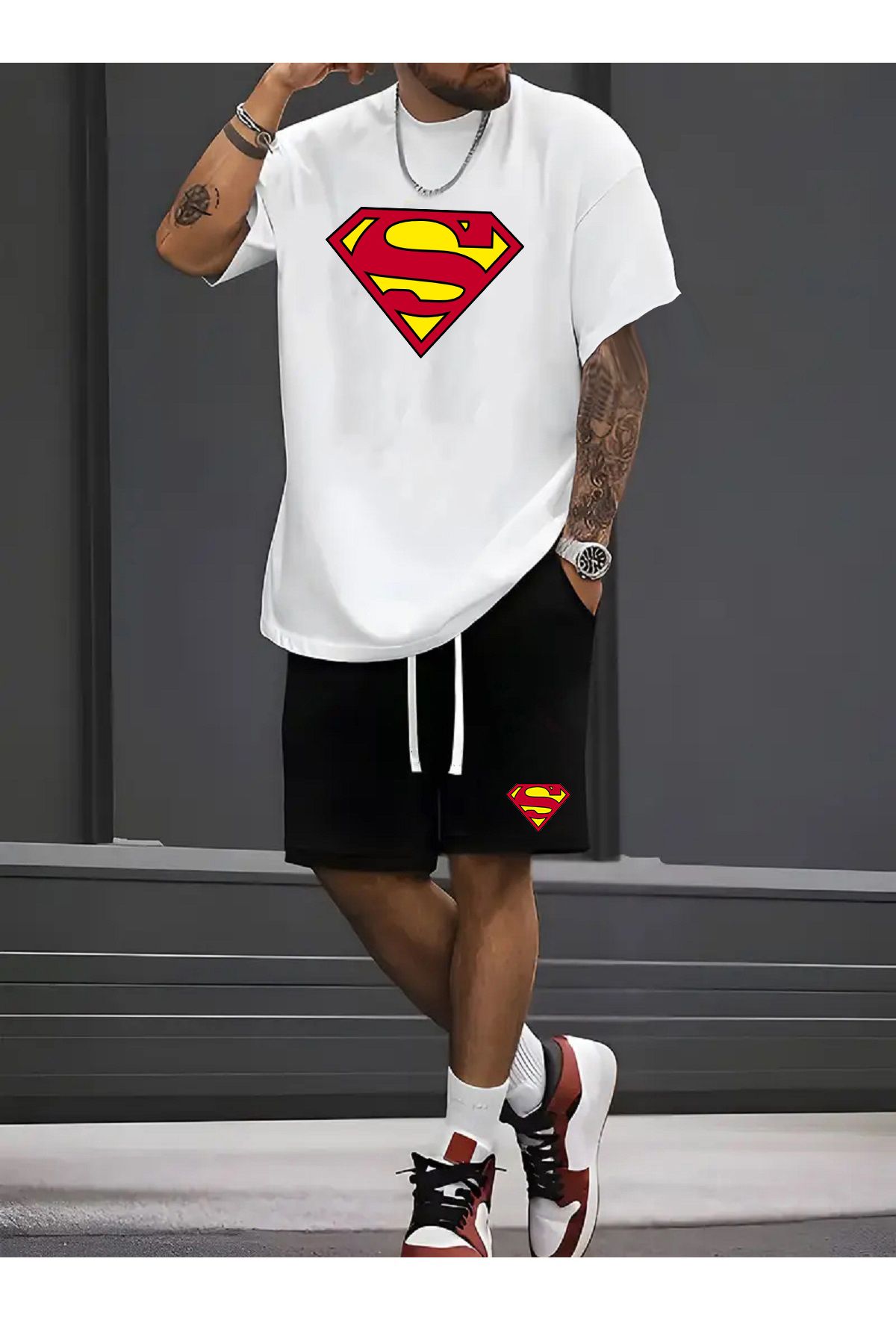makiteks 2'li Set Düz Renk Erkek Regular Şort ve Tshirt Tişört Superman