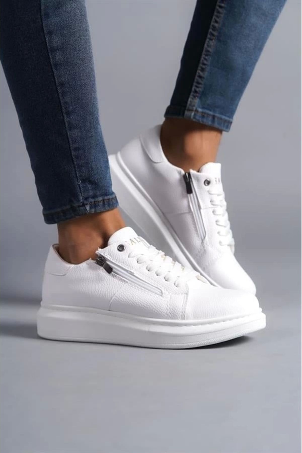 Store SLW155 Warrior Bağcıklı ve Fermuarlı Cilt Erkek Günlük Sneaker Ayakkabı CBT - Beyaz