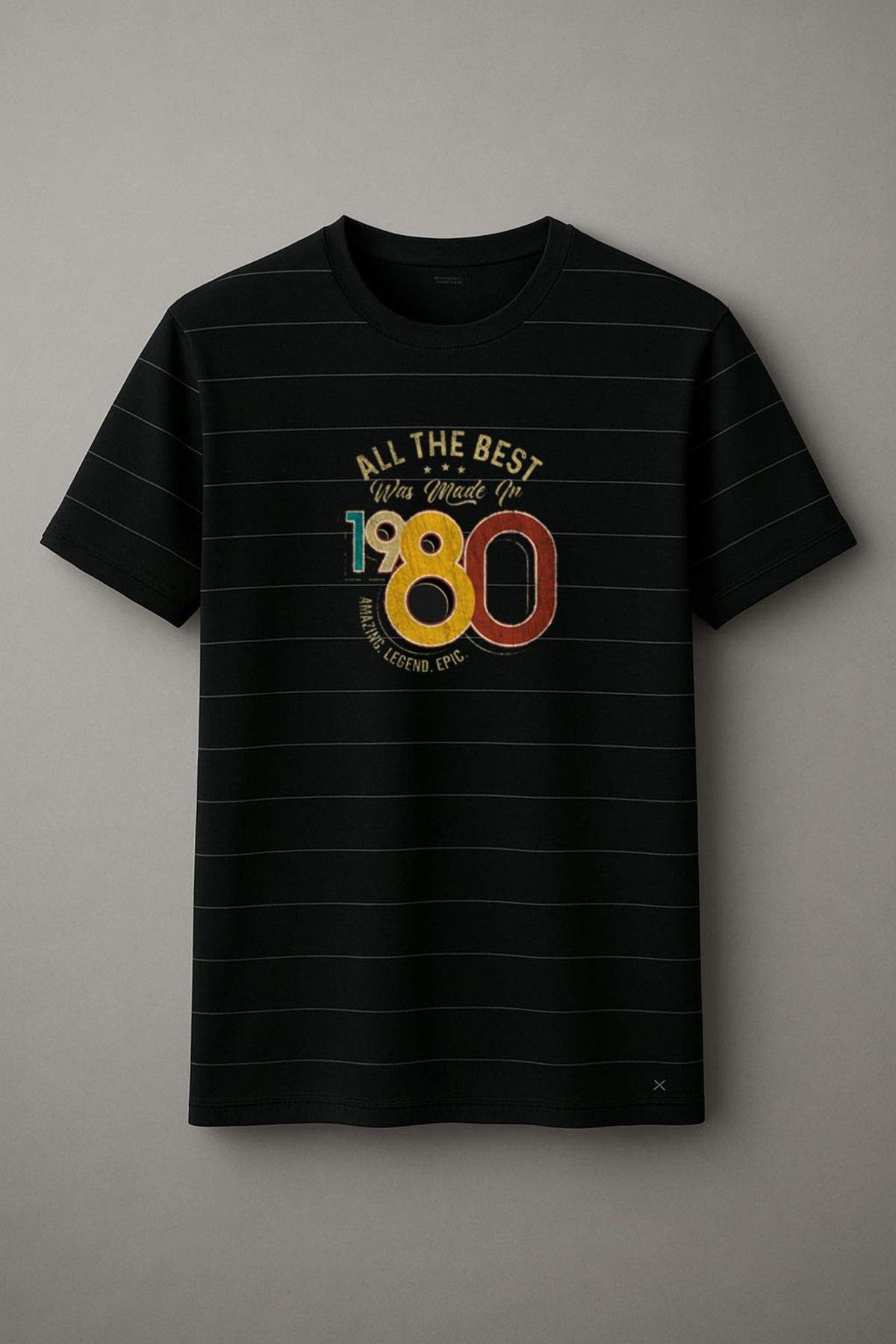 sielta 1980 Vintage Retro Baskılı Çizgili Bisiklet Yaka Unisex Siyah Tişört T-shirt