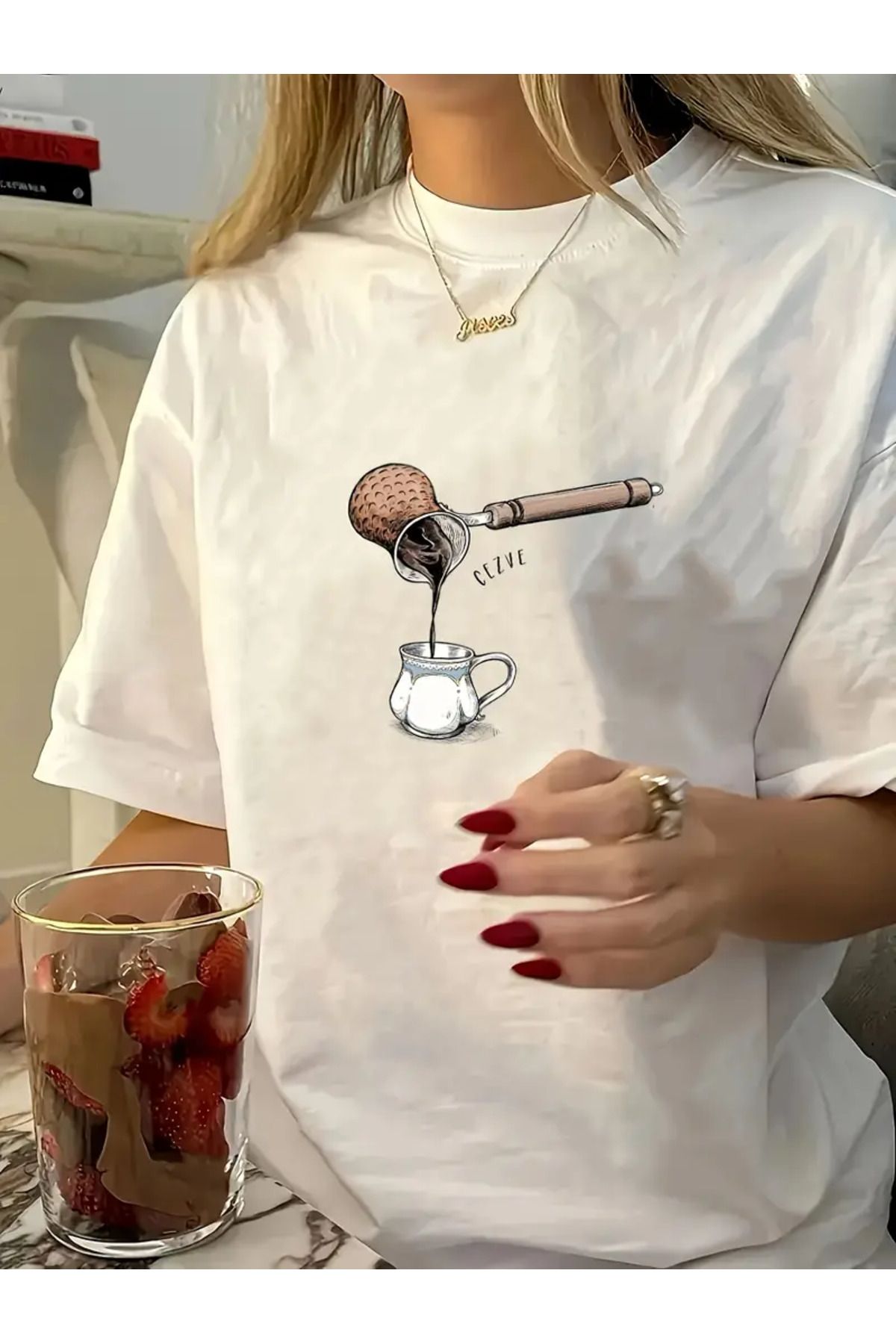 AEMİ Kadın Cezve Baskılı %100 Pamuk Oversize T-shirt