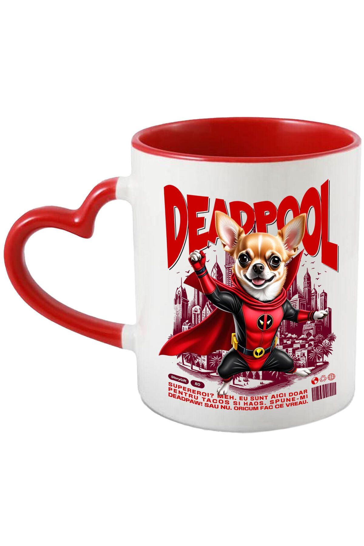 StoryGift Romania Cana Cu Chihuahua Caine In Costum De Deadpool Cu Pelerina, Erou Nocturn, Desene , Cu Maner Inim - One Size