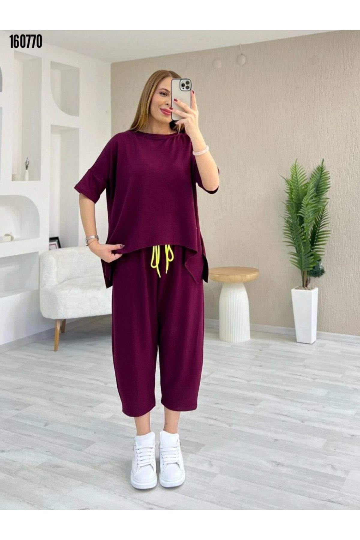 Modayakamoz Kadın Bluz Ve Pantolon İkili Takım Kısa Kollu Bisiklet Yaka Viskon İki İplik
