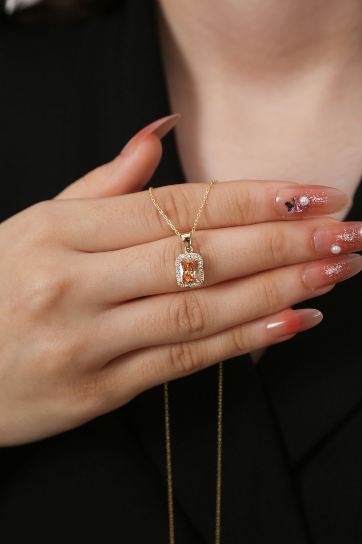 Sanem silver Baget Kolye,925 Ayar Üzeri 14 Ayar Altın Kaplama, Taşlı Baget Kolye,Pırlanta Modeli