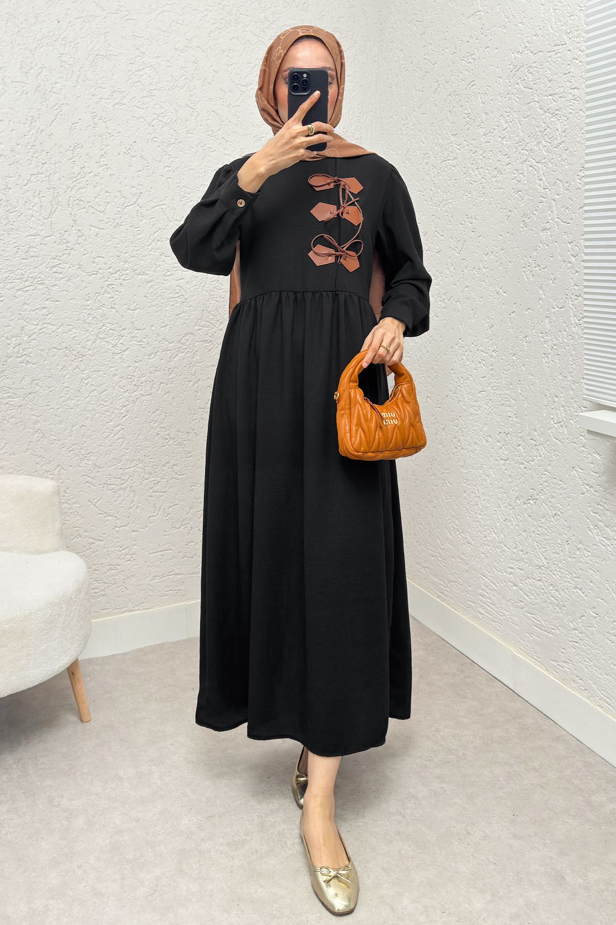 ALLMİRA FASHION Önü Deri Detaylı Keten Elbise