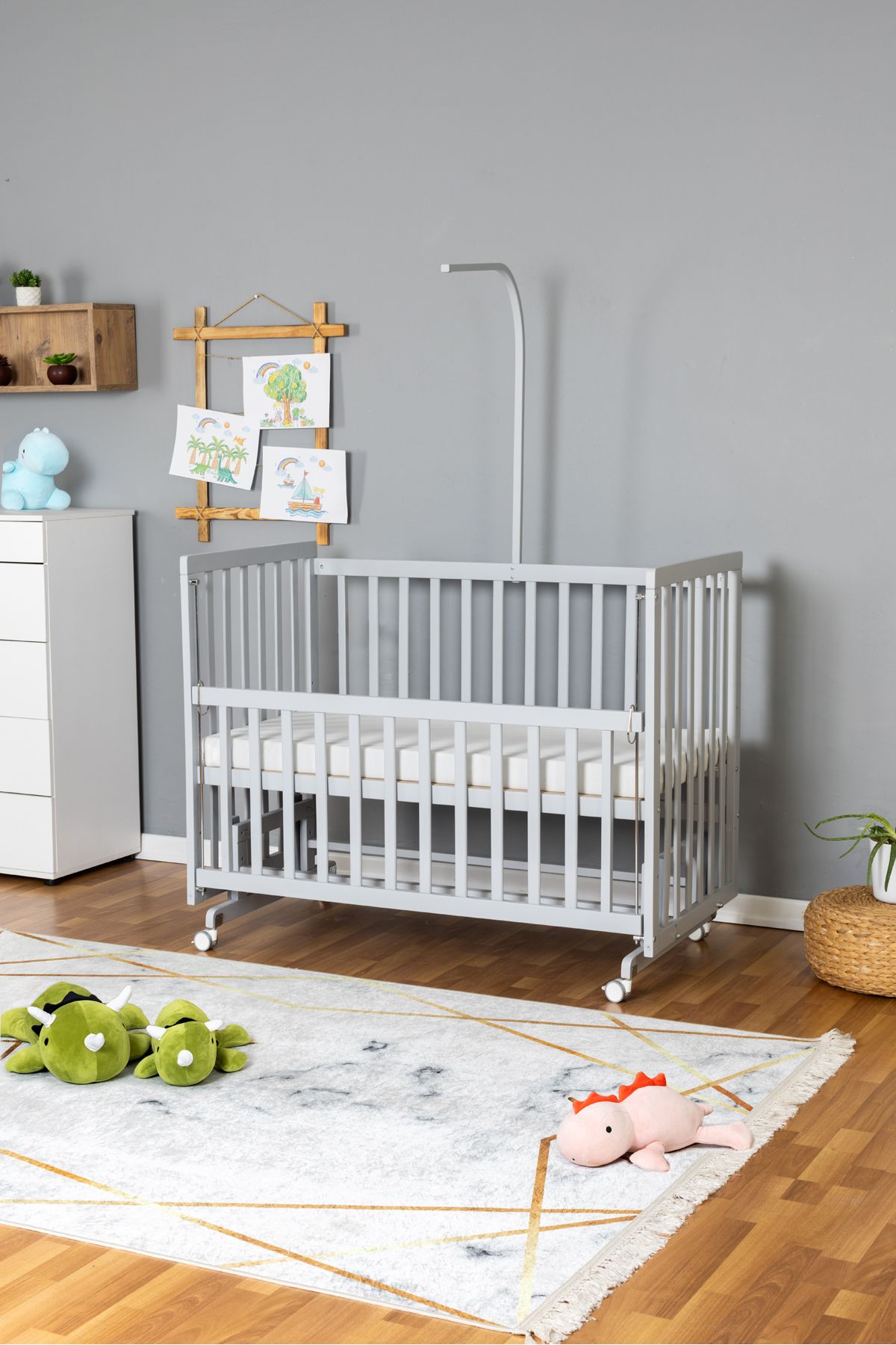 Carino Wins Ahşap Beşik Anne Yanı Yeni Doğan Asya Gri Bebek Beşiği TEK YATAK + TEKERLEKLİ